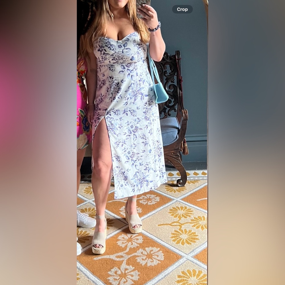 Petal + pup white and blue floral dress with slit